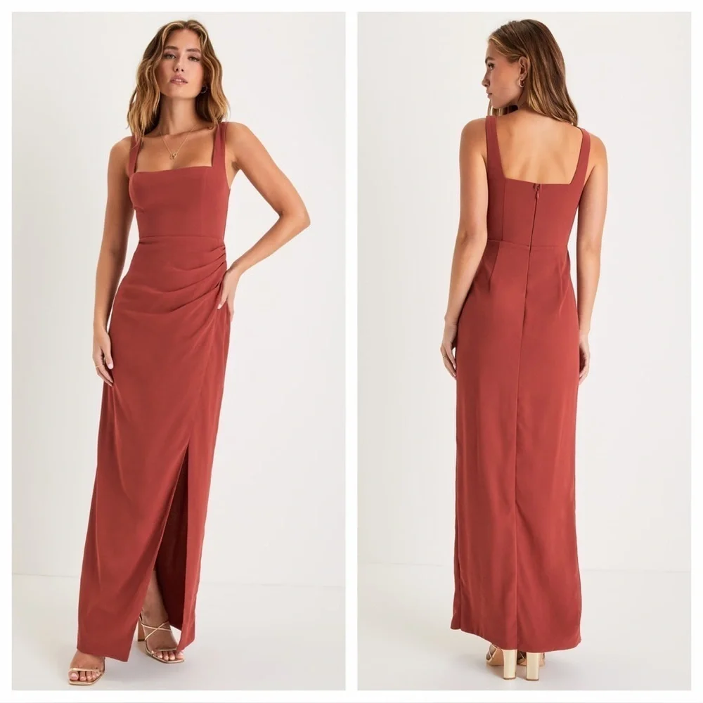 Lulus Glamorous Disposition Rust Ruched Maxi Dress